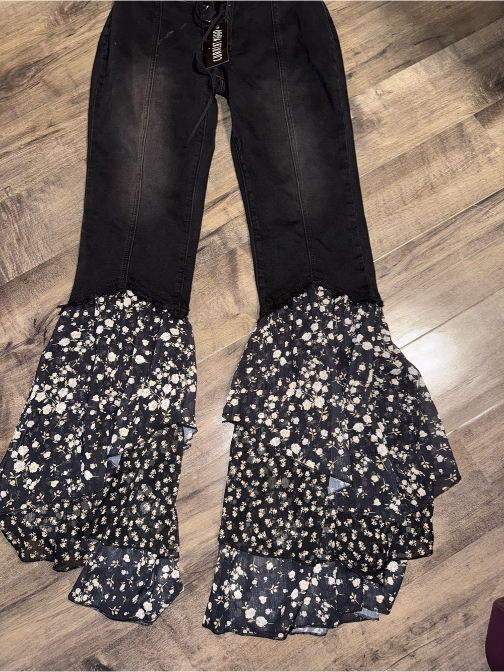 Current Mood Dolls Kill NWT Lace-Up Denim Floral Ruffle Flare Pants Medium - Picture 2 of 9